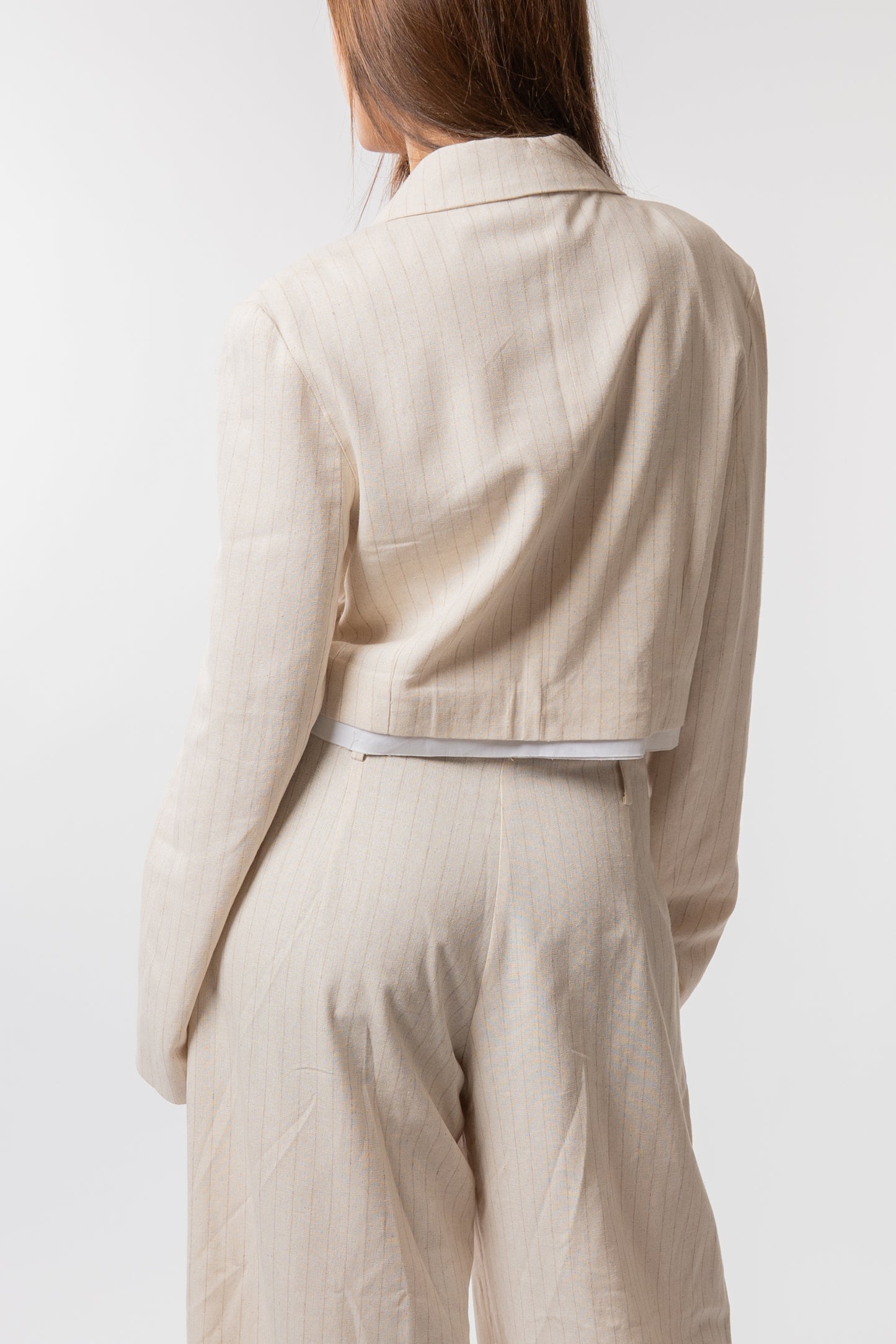 beige striped linen suit