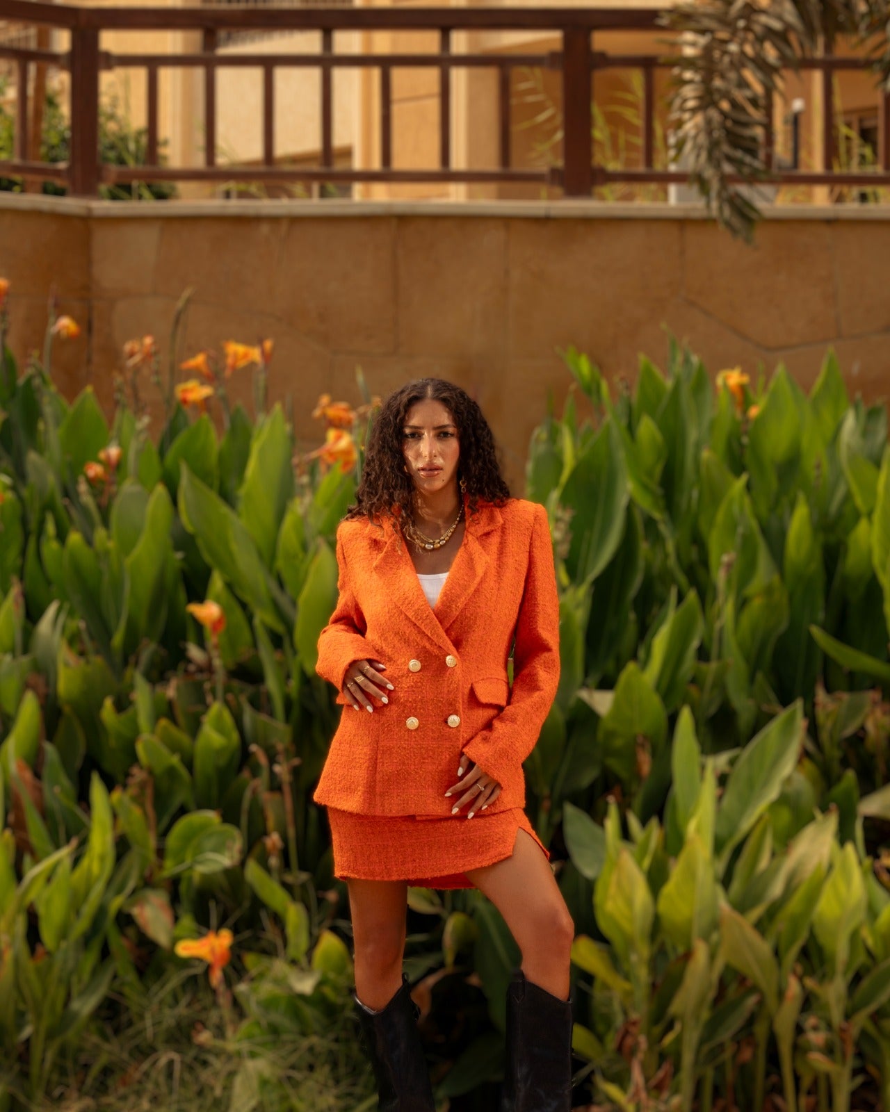 Orange Tweed Double-Breasted Blazer