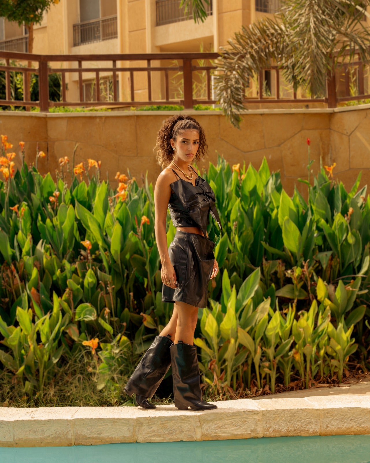 A short faux leather skirt