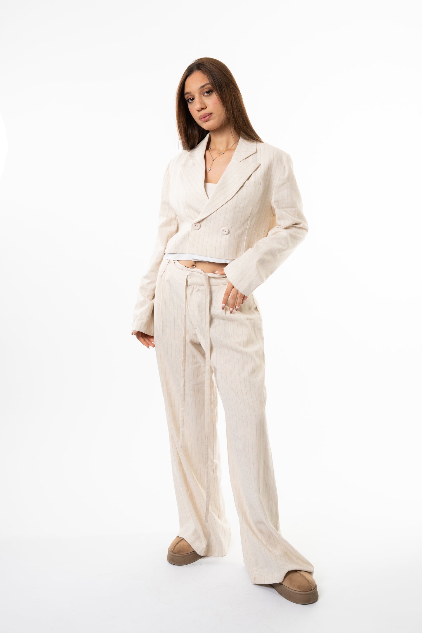 beige striped linen suit