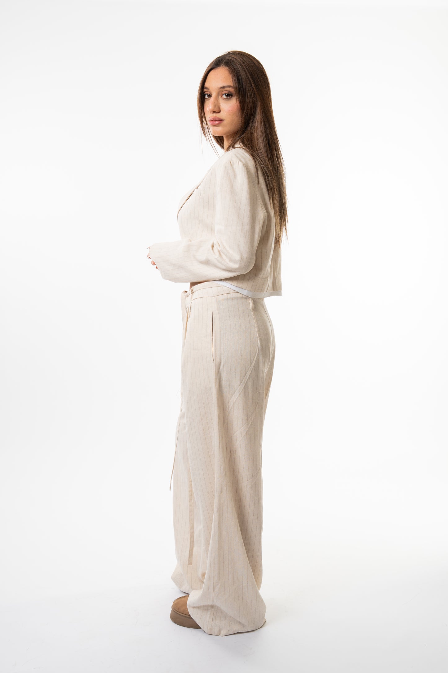 beige striped linen suit