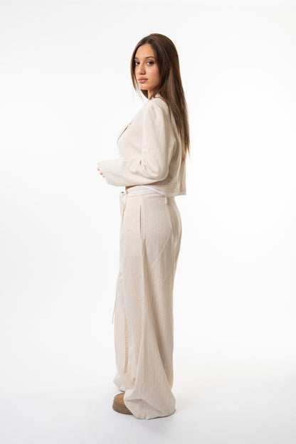 beige striped linen suit