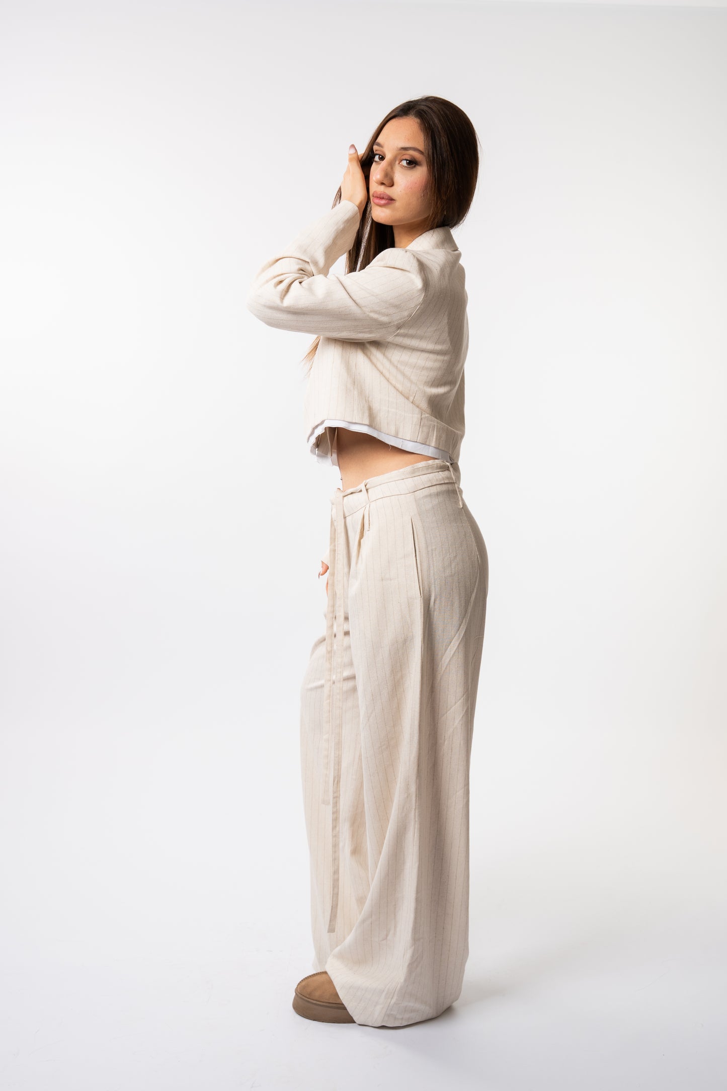 beige striped linen suit