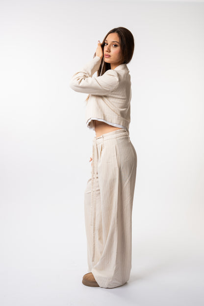 beige striped linen suit
