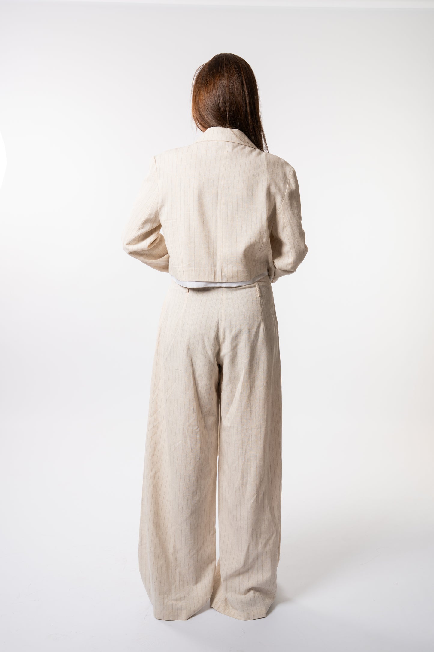 beige striped linen suit