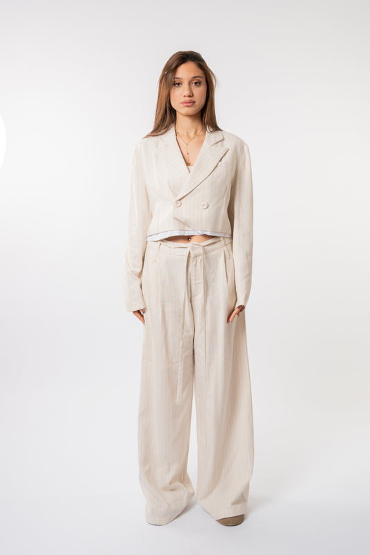 beige striped linen suit