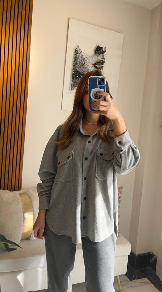 Light Grey Oversized Shirt with Front Pockets
